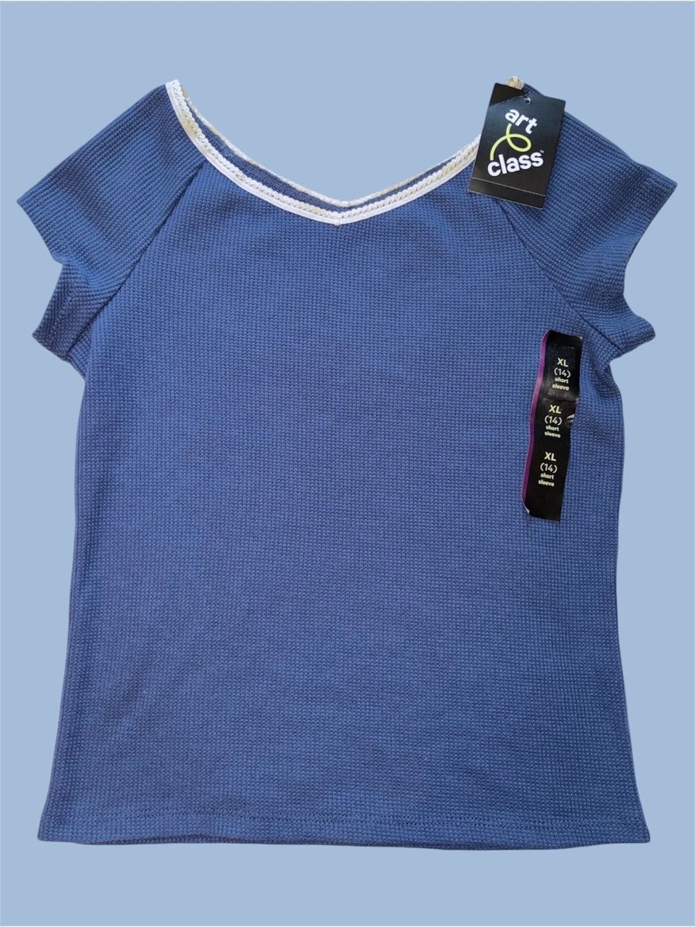 Art Class Girls' Blue Short Sleeve V-Neck Top with White Lace Trim